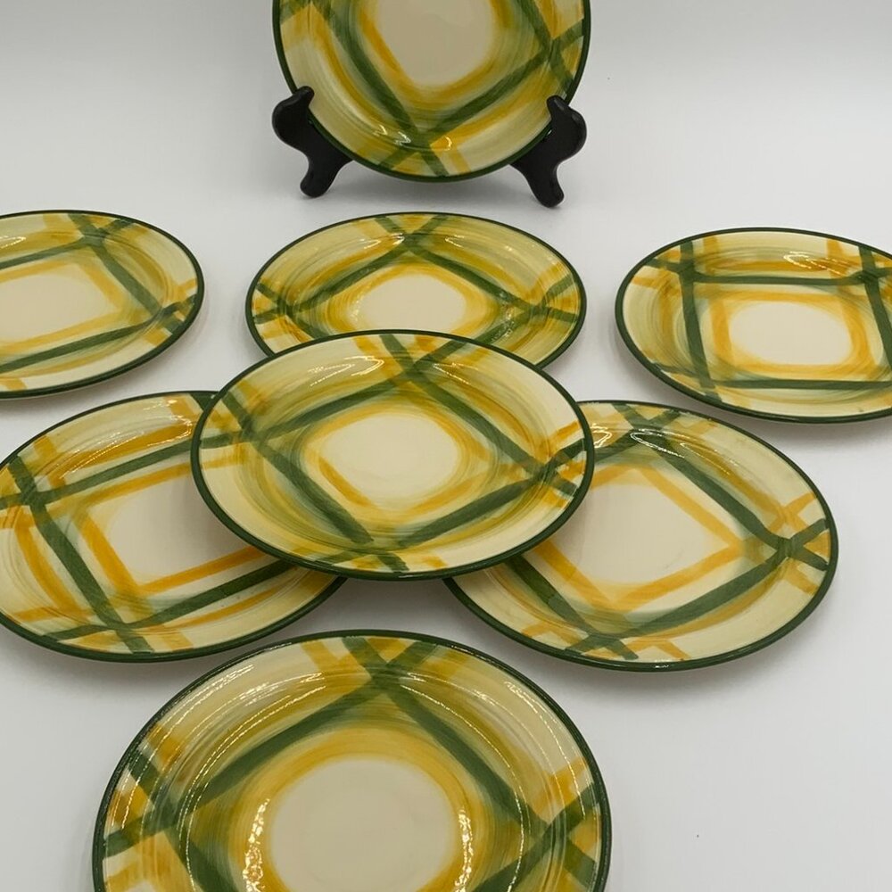 Set of 8 Hand Painted VTG USA Vernonware Gingham Salad Plates 7.5”